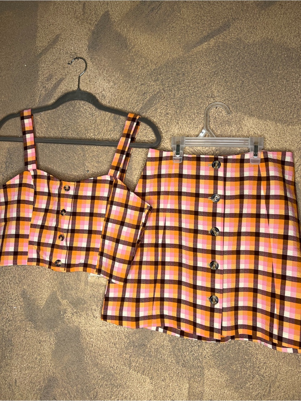 Monki Pink and Orange Plaid Button-Front Crop Top & Skirt Set